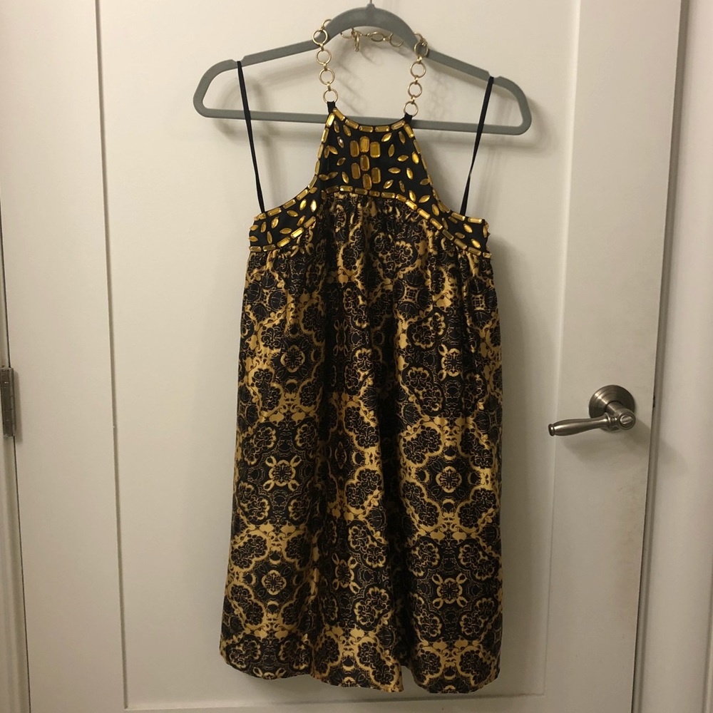 Silky gold and black flowing mini dress